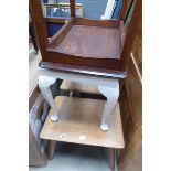 2 x oak side tables, a reproduction mahogany table and an upholstered seat on cabriole supports