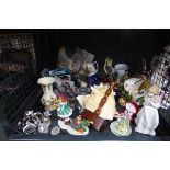Cage containing a seashell, silver plated napkin rings, ornamental figures and commemorative ware