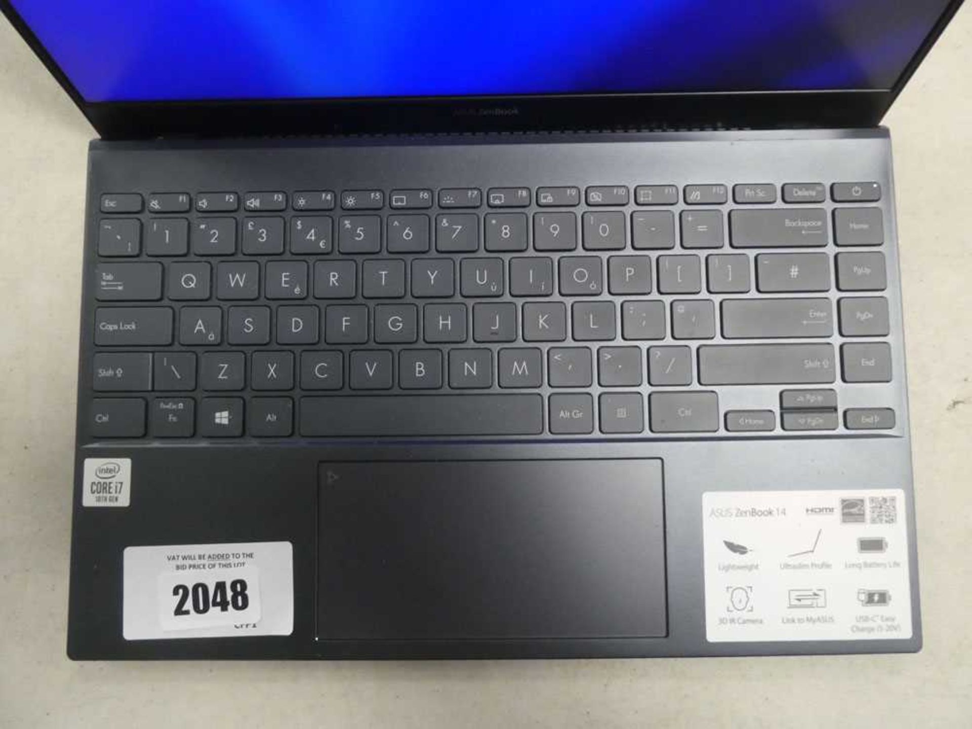 +VAT Asus Zenbook 14 model UX42J5 with Intel i7-1065G7 cpu, 16gb ram and 512gb storage - Image 2 of 3