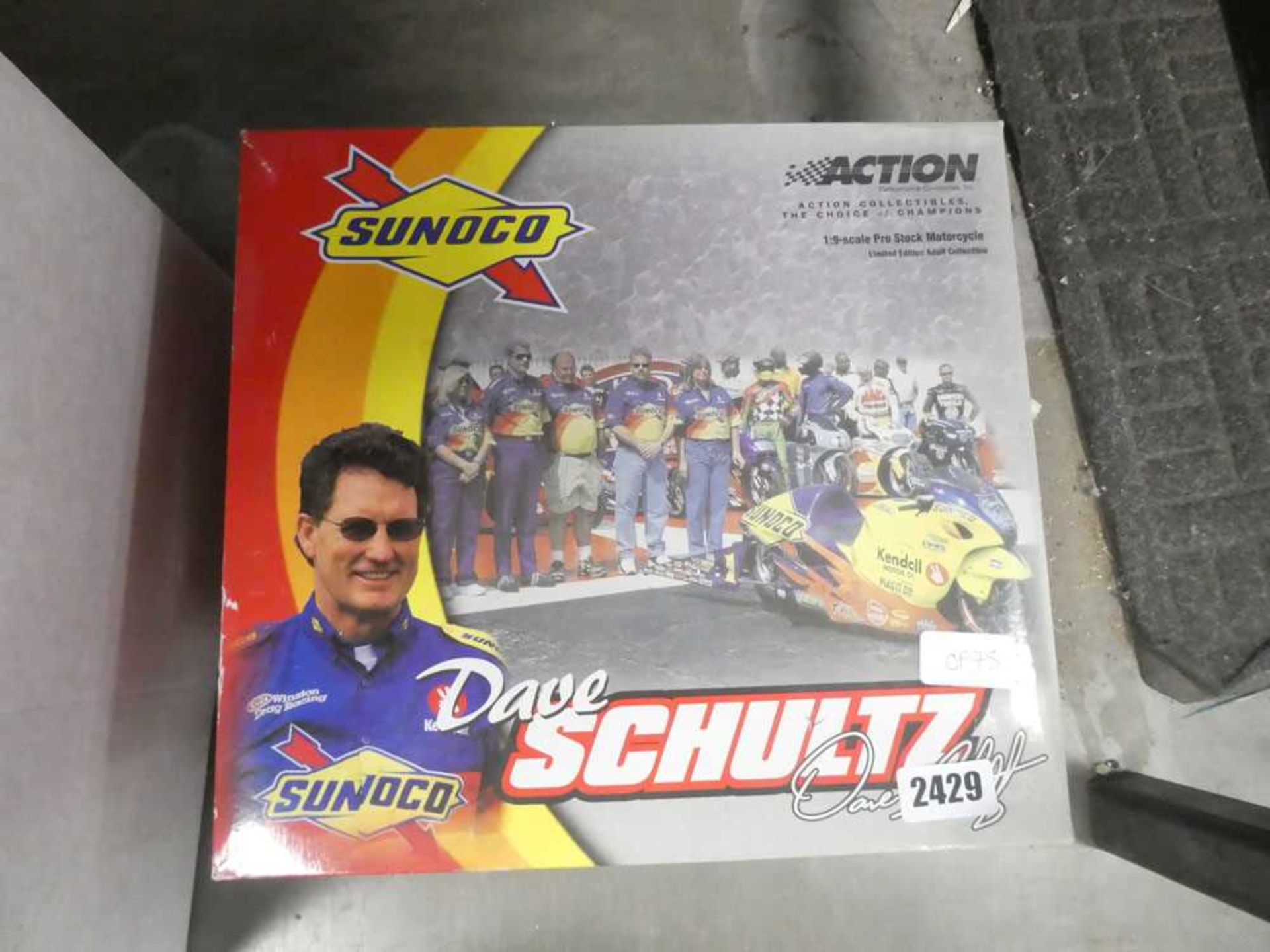 Boxed Dave Schultz 1.9 scale model of a stock motorcycle
