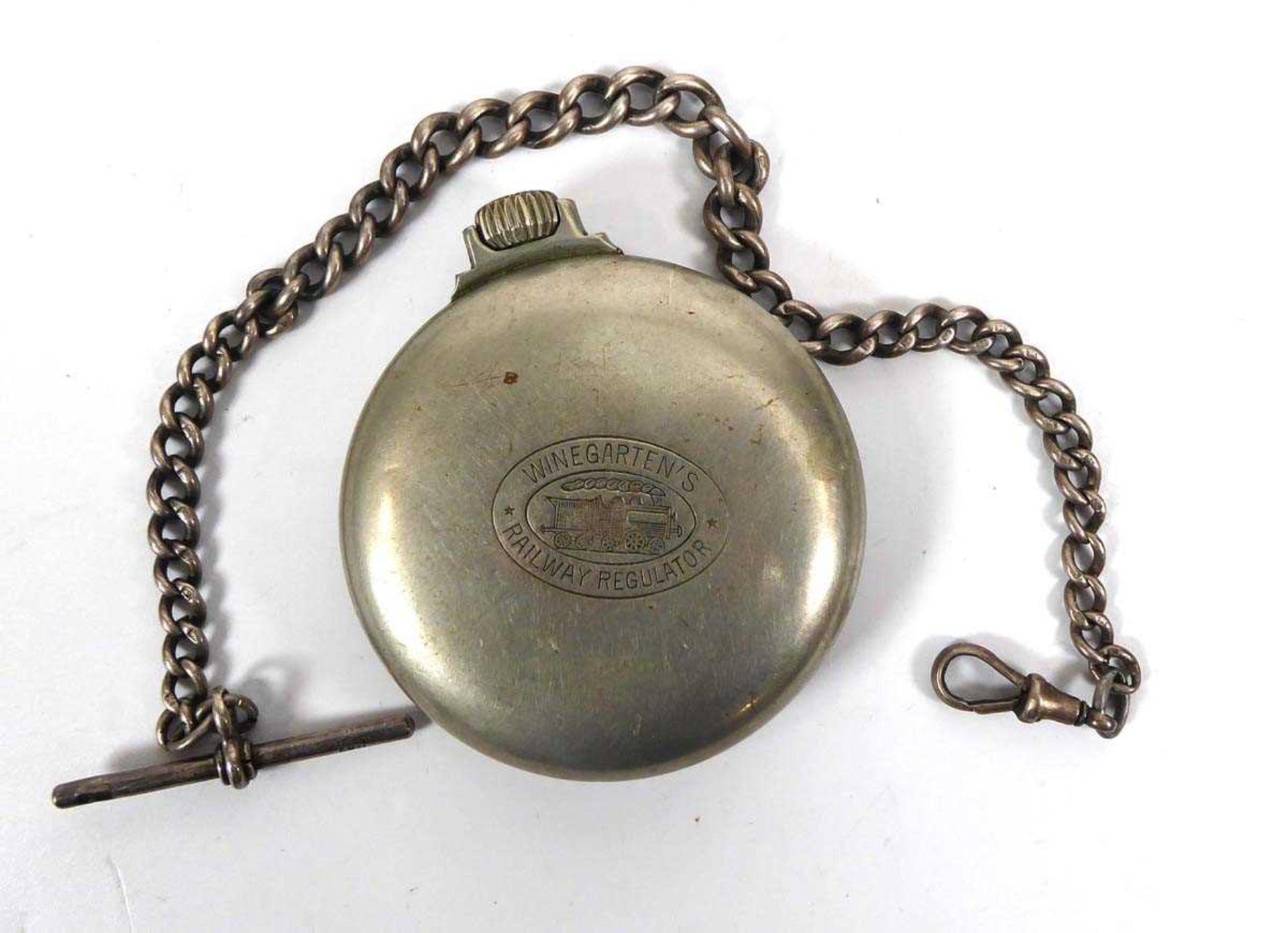 A base metal open face Railway Regulator pocket watch by Winegarten's, the white enamel dial with - Image 2 of 2