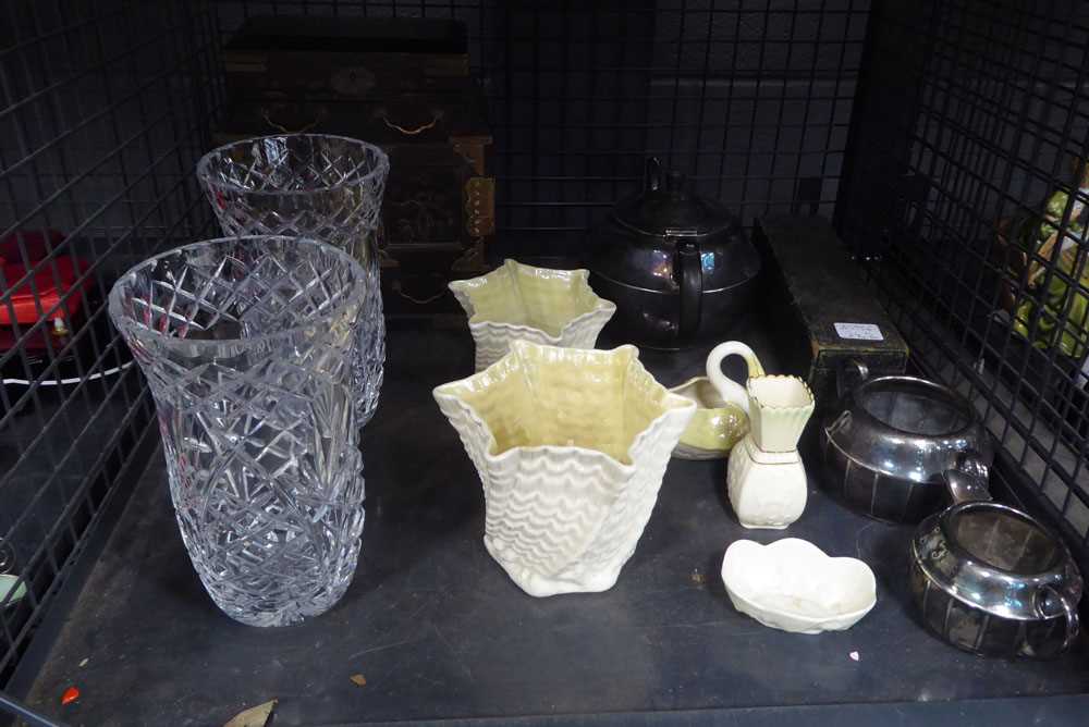 Cage containing milk jugs, 3 piece silver plated tea service, Oriental jewellery box, bowls and 2