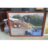 Oil on board, steam train and buses