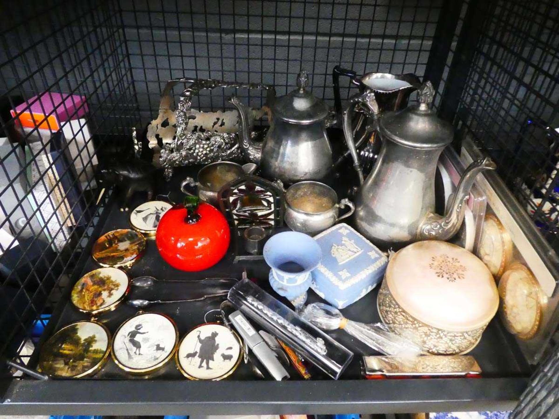 Cage containing silver plate to include wine bottle holder, teapot, sugar bowl, milk jug, jasperware