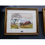 Watercolour, farm buildings and lane