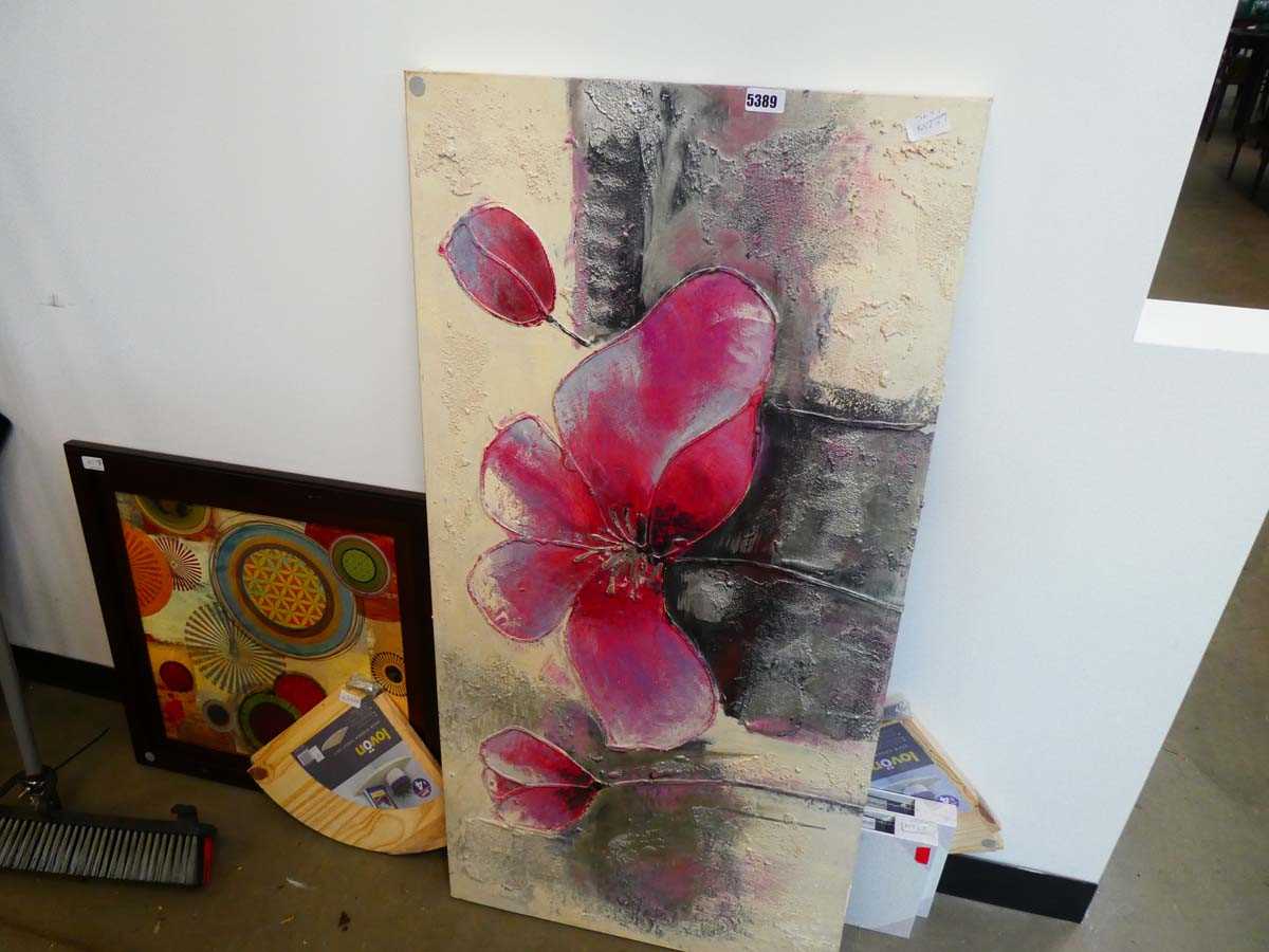 Modern wall hanging still life with flower, abstract plus floating shelves