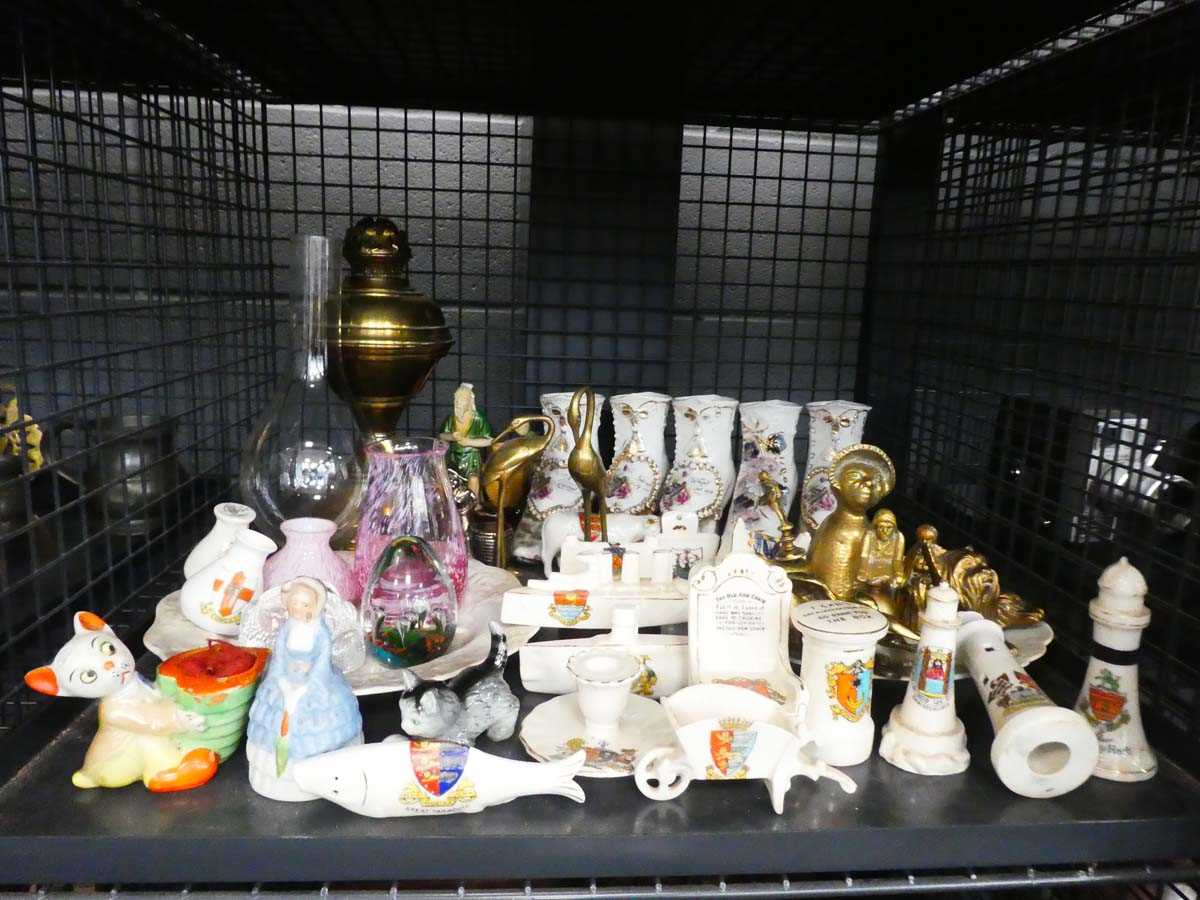 Cage containing crestedware, ornamental boots, brass oil lamp, pair of cranes and paperweights