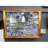 Overpainted print, cottages and harbour