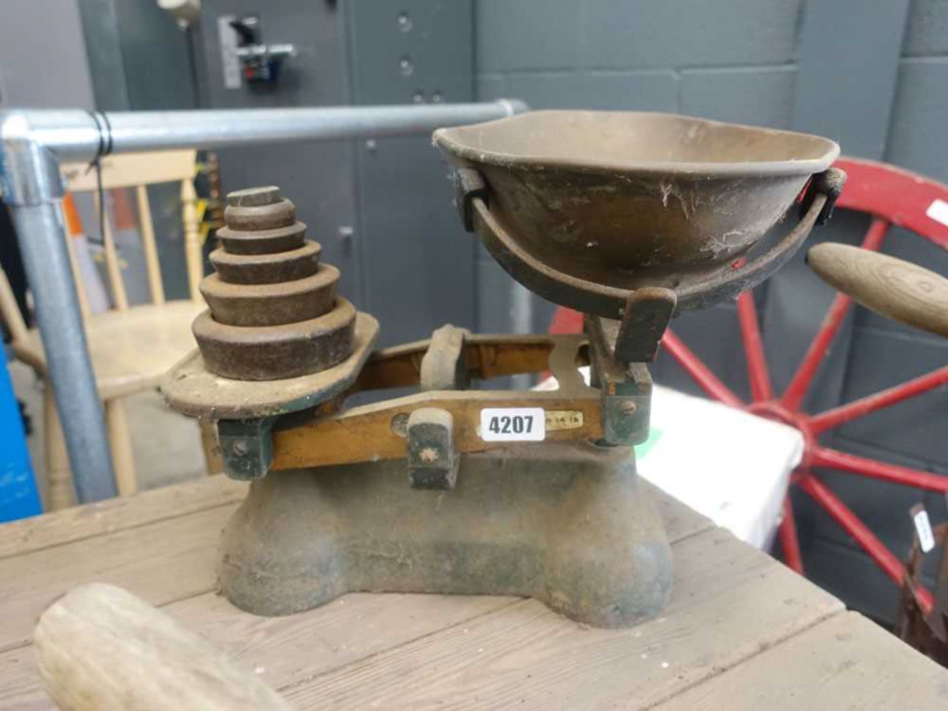 Set of vintage weighing scales pan and set of weights