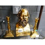Metal bust of an Ancient Greek figure, plus a pair of brass candle sticks