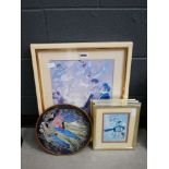 Quantity of clown prints. plus two pottery plates with classical figures