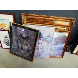 Quantity of assorted pictures to include wolf photograph, Native Americans and countryside scenes