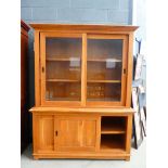 Oak sliding door sideboard with glazed 2 door display cabinet over