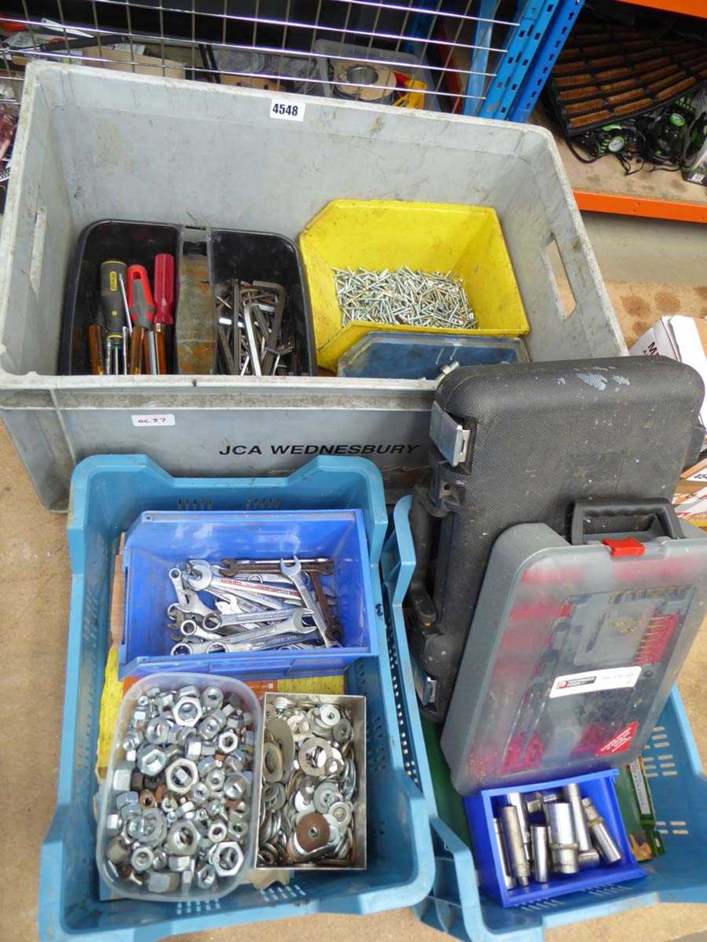 3 plastic boxes containing spanners, washers, nuts, sockets, allen keys, screws, bolts etc.