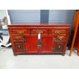 Dark wood Oriental style 3 drawer over 2 door chest of drawers