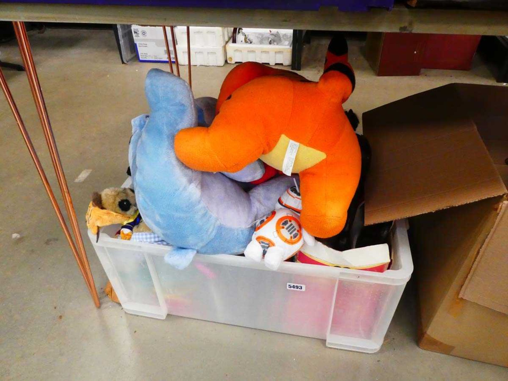 Box containing soft toys to include Tigger, Eeyore etc