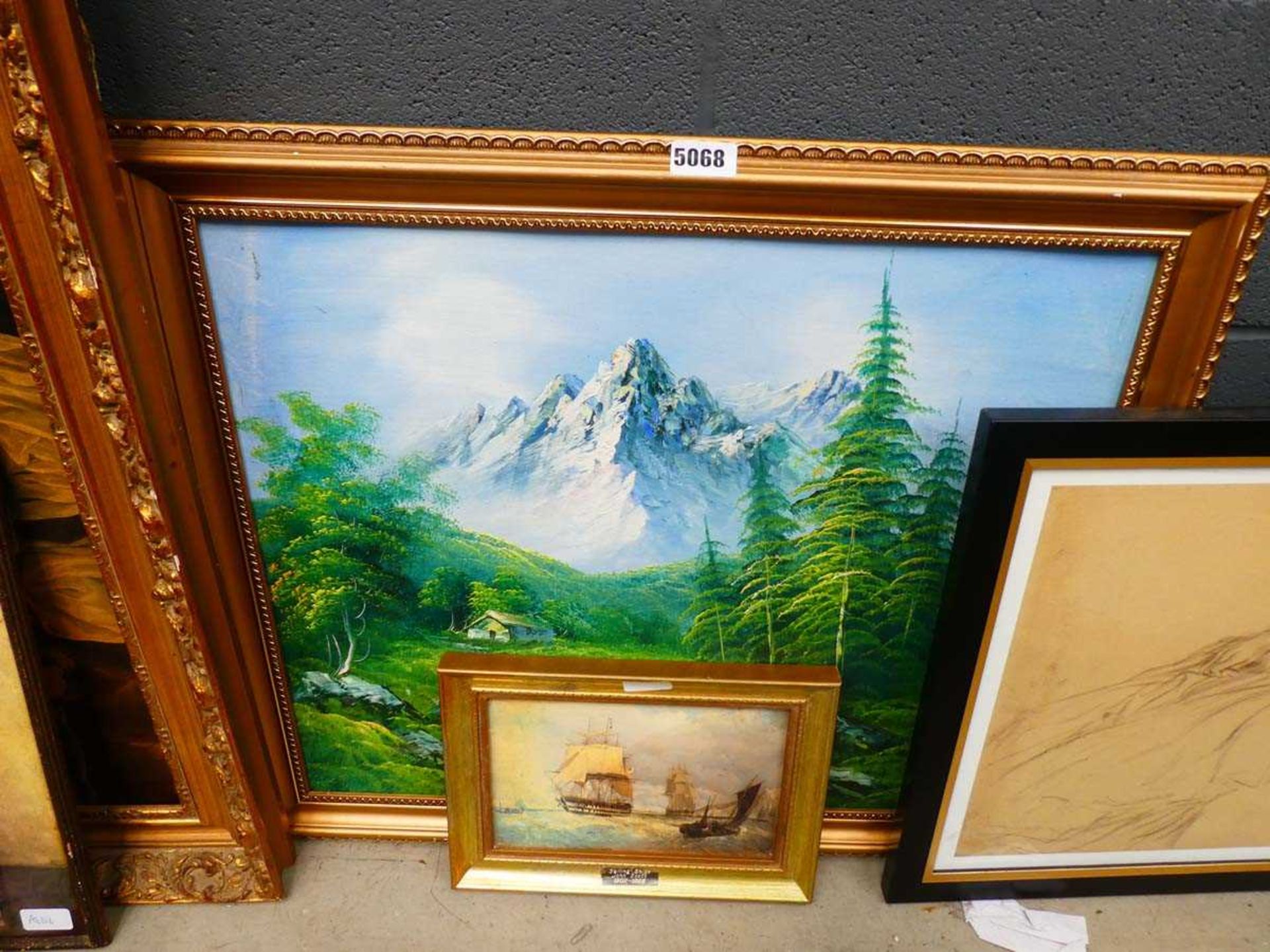 2 paintings of ships and mountainside scene