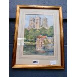 Watercolour of a cathedral and riverside scene signed 'A.V.Hall, 1974'