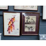 Pair of framed pictures of Burmese gentlemen and Burmese scenes by Ka Noing Much 6 dated 2003
