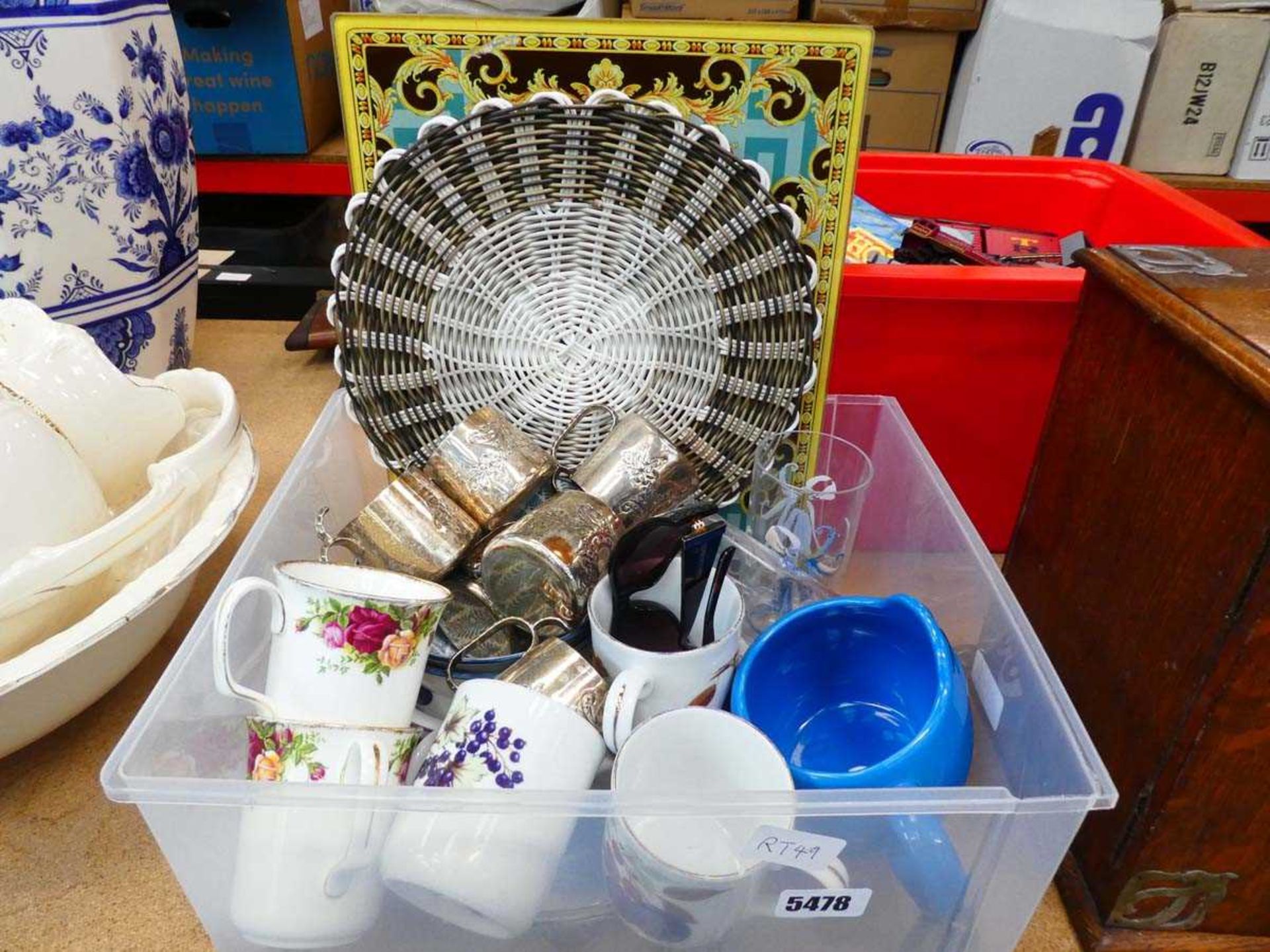 Box containing silver plated mugs, glass tumblers, Royal Albert crockery and general china