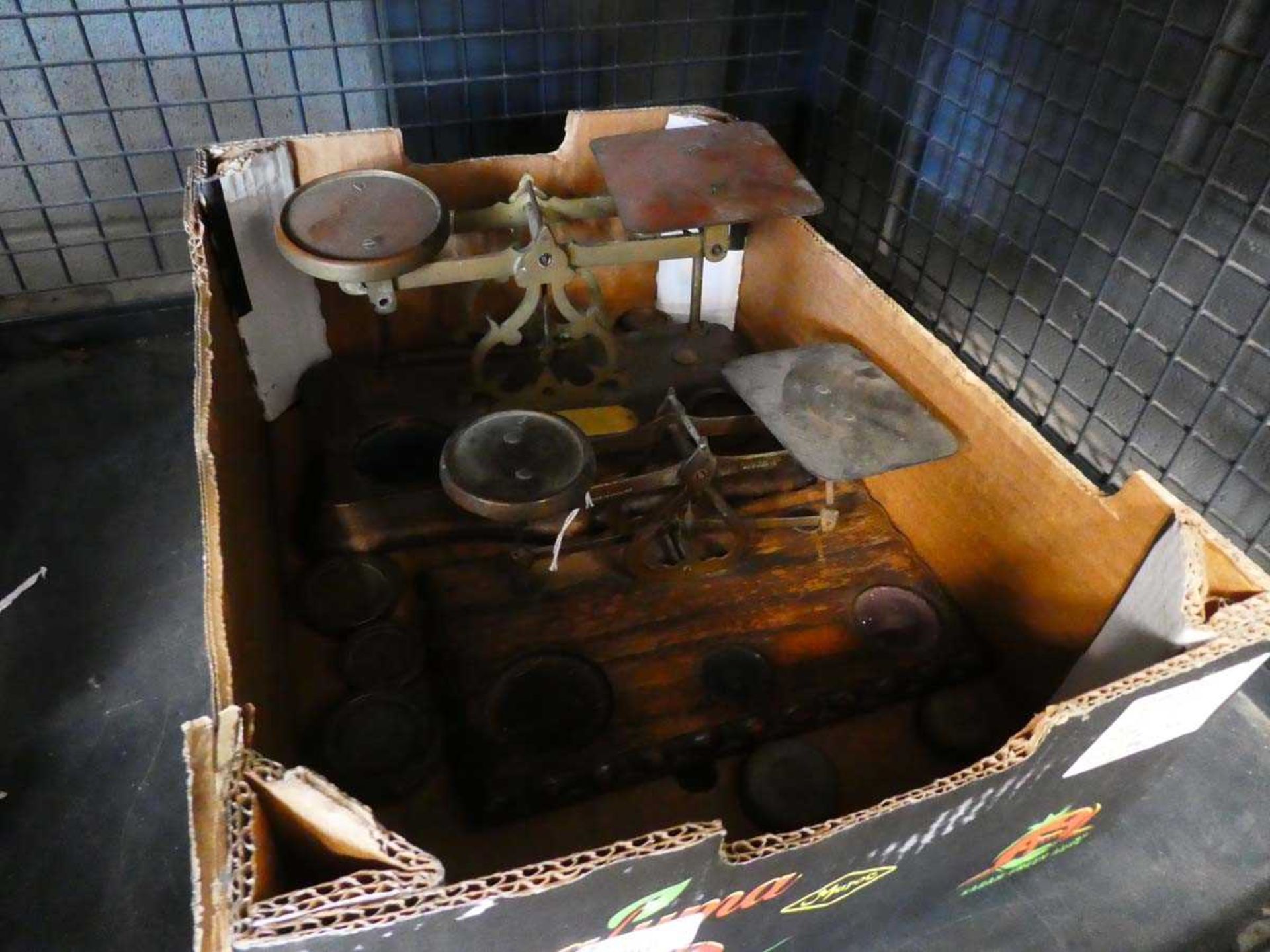 (4) Cage containing 2 postal scales and weights