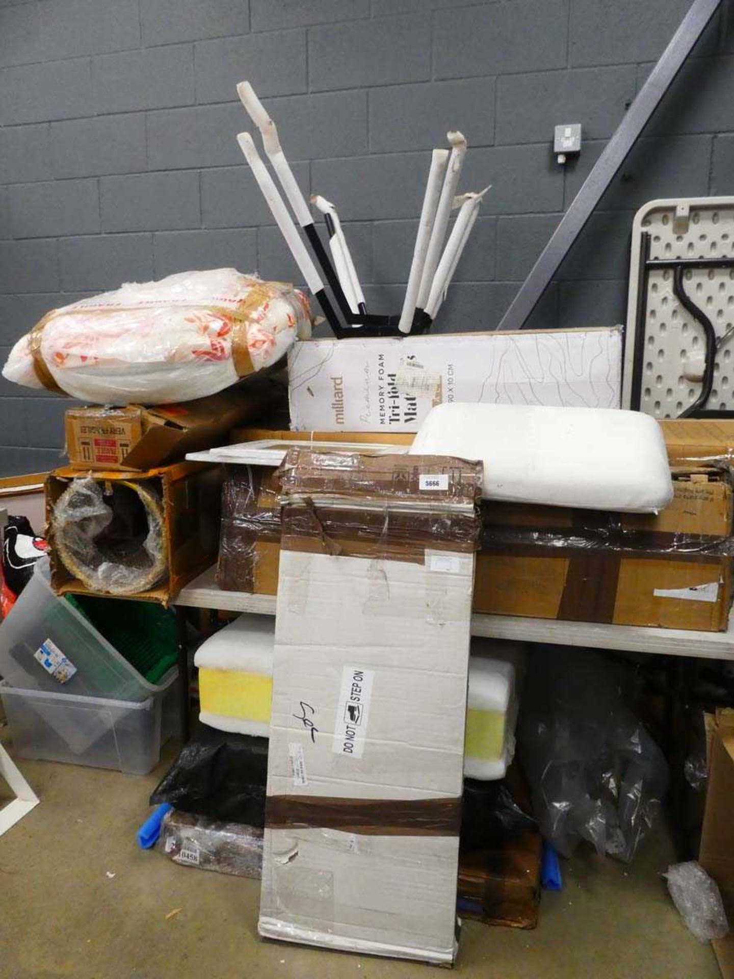 +VAT Large quantity of furniture parts, prints, cushions, plus a wicker seat, as found