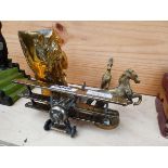 Brass biplane plus a metal vase and 2 horse ornaments