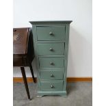 +VAT Narrow green painted chest of 5 drawers