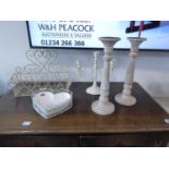 Collection of ornaments including 2 candlesticks, 1 candelabra, 1 basket and 1 dish