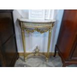 Ivory coloured demi-lune side table with marble surface