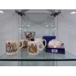 Quantity of commemorative ceramic including 4 mugs, selection of boxed Crown Derby and other