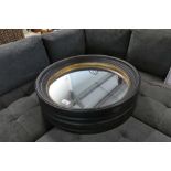 +VAT Boxed pair of black and gold framed circular wall mirrors, 95cm diameter
