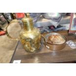 Brass lidded single handled jug, 2 copper and brass shallow cooking pans, 1 marked Benham & Sons