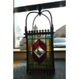Brass decorative lantern type ceiling light fixture with coloured leaded glass panels