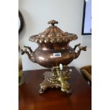 Lidded copper and brass twin handled samovar