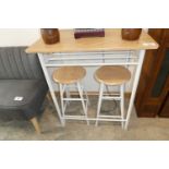 +VAT White metal framed 2 seater bar height bistro table with matching stools