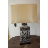 Pair of blue and white ceramic table lamps with cream rectangular shades