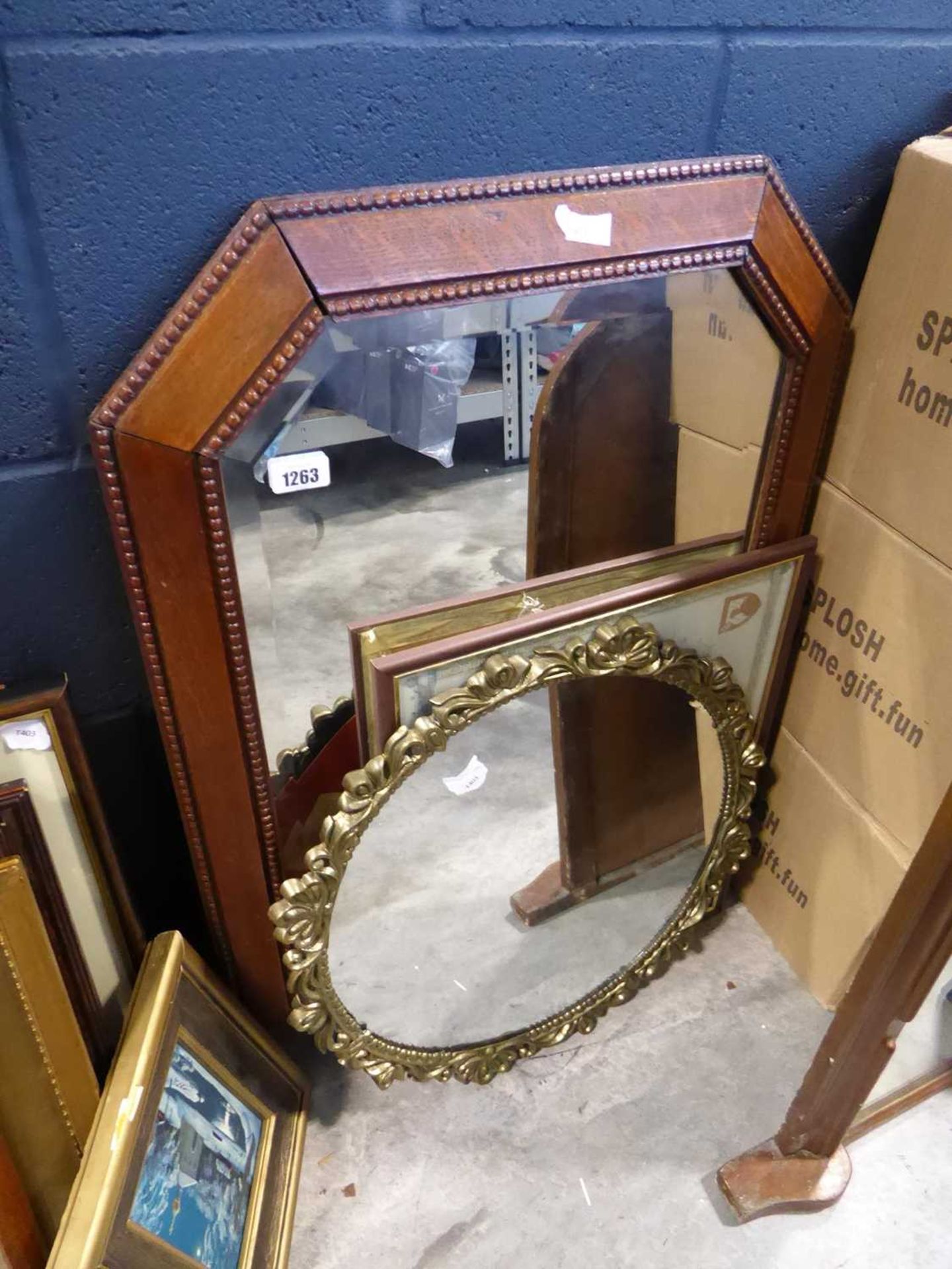 Oak framed and bevelled wall mirror, gilt framed wall mirror and various artwork incl. the crystal