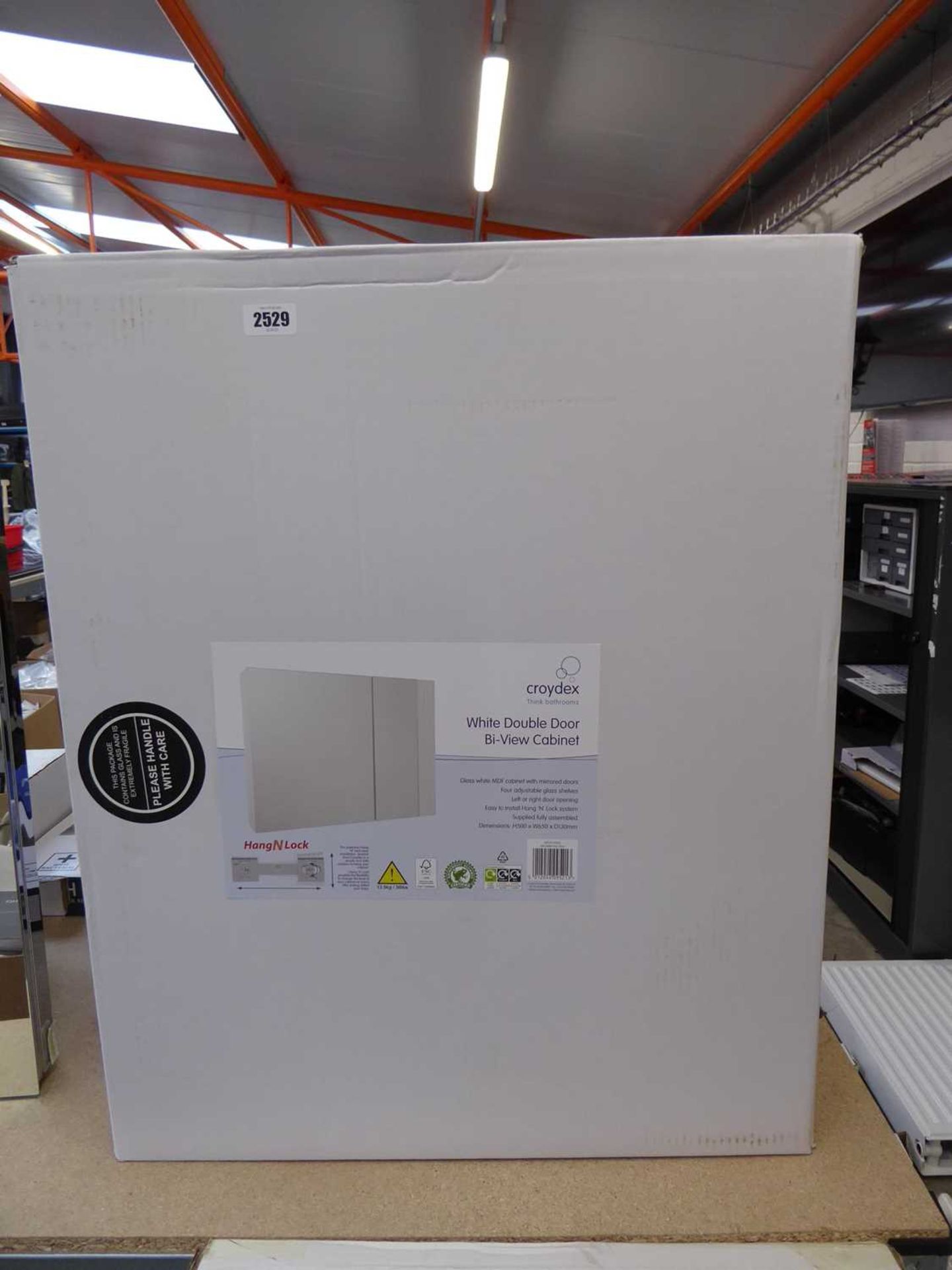 Box containing Croydex white double door bi-view cabinet