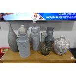 +VAT Grey ribbed ceramic table lamp base, similar vase, 3 further ceramic vases and 2 glass vases