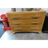 Light stained art deco style 3 drawer chest of drawers, with metal and wooden handles
