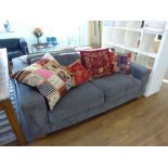 2 seater and 3 seater sofa in grey cord material with various scatter cushions