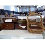 4 various Victorian and later wooden boxes, basket and small vinyl carrying case