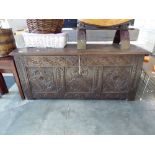 18th Century carved oak 3 panel coffer (lid detached)Good Afternoon,There are some cracks and