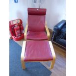 Modern red leatherette upholstered bent wood framed easy chair and matching footstool