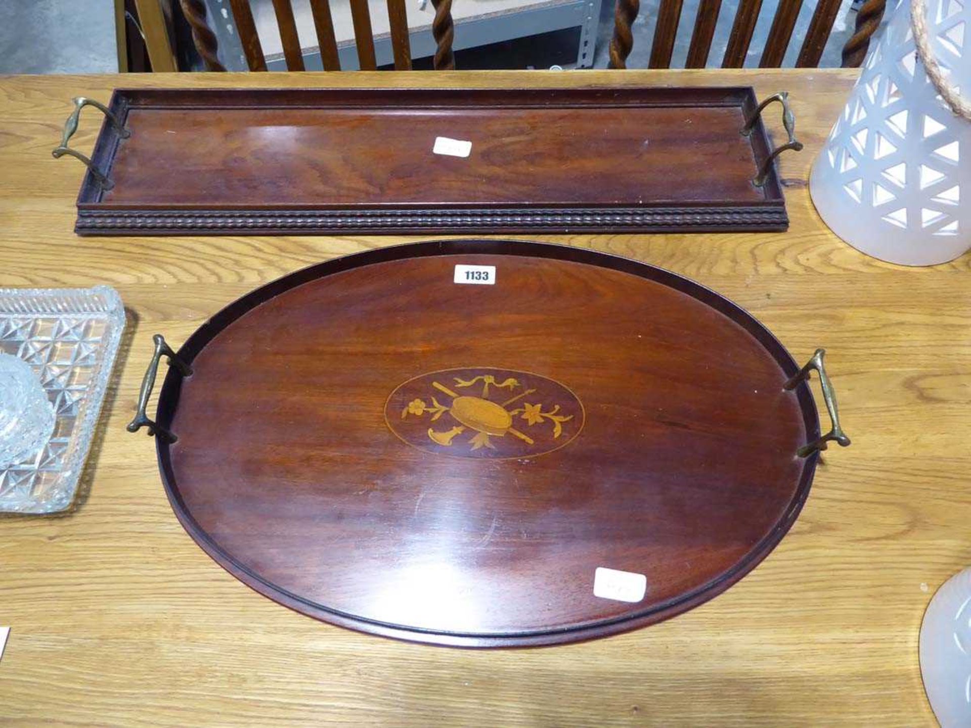 Inlaid brass handled oval serving tray with 1 long mahogany serving tray
