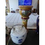 Oriental ceramic jardiniere and planter with blue and white ceramic lidded wine jar