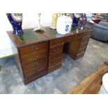 Twin pedestal study desk with 9 drawers and tooled leather writing surface plus matching 2 drawer