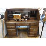 Modern hard wood roll top desk with 9 drawers