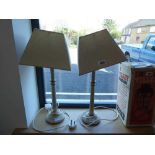 Pair of speckled white and gilt table lamps with tapered cream shades